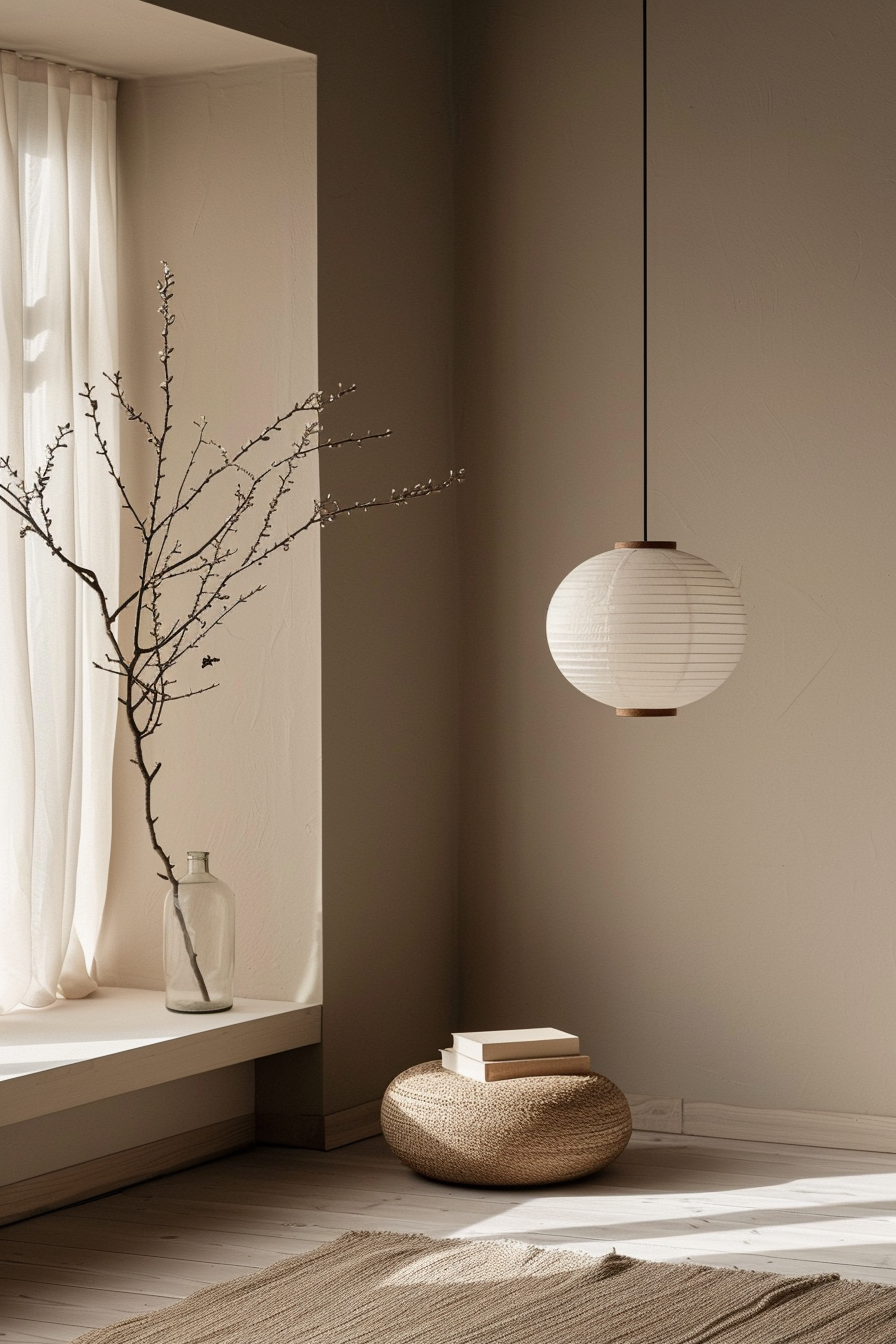 ALT text: Minimalist corner of a room with natural light, featuring a hanging paper lantern, a branch in a clear vase, a knitted pouf, and books.