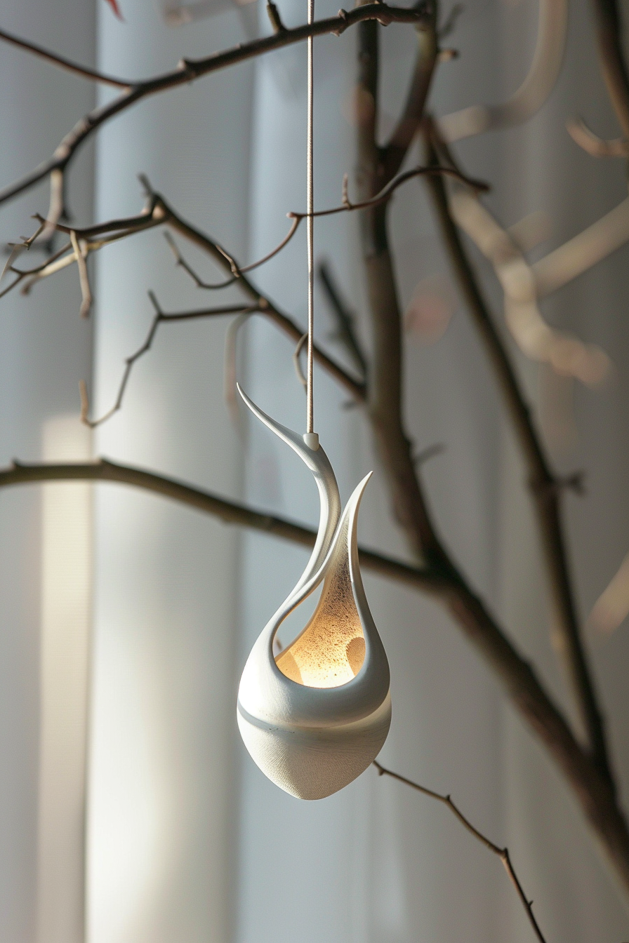 Modern hanging light fixture with an organic design suspended in front of a blurred background with tree branches.