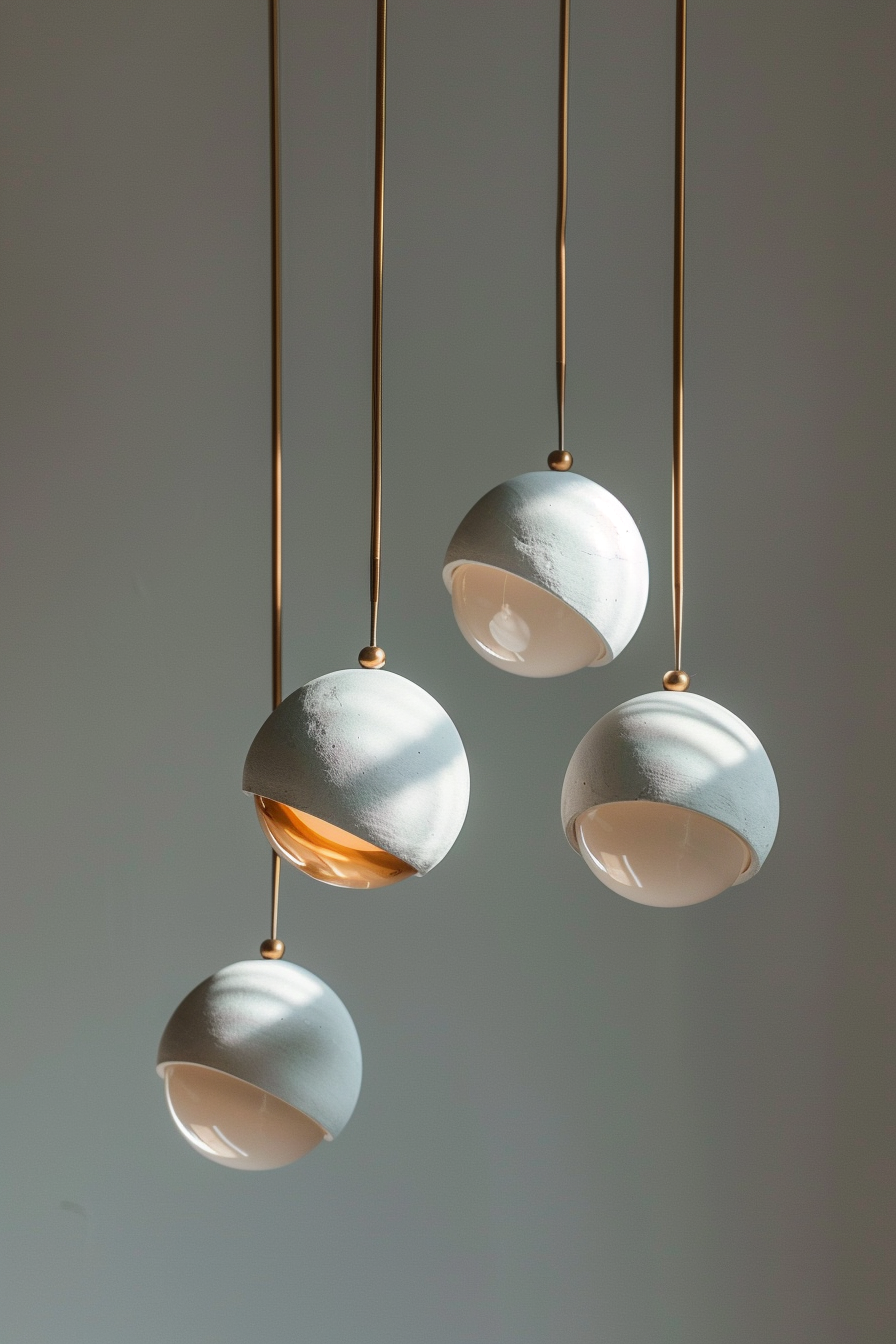 Four spherical, textured pendant lights with gold accents hanging against a muted background.