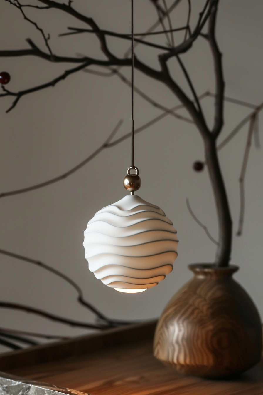 A modern pendant light with a wavy design hanging in front of a blurred background featuring bare tree branches and a wooden vase.
