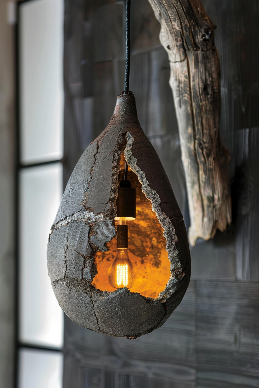 A unique pendant light with a rustic, concrete-like exterior and a warm, glowing interior, suspended against a wooden panel backdrop.