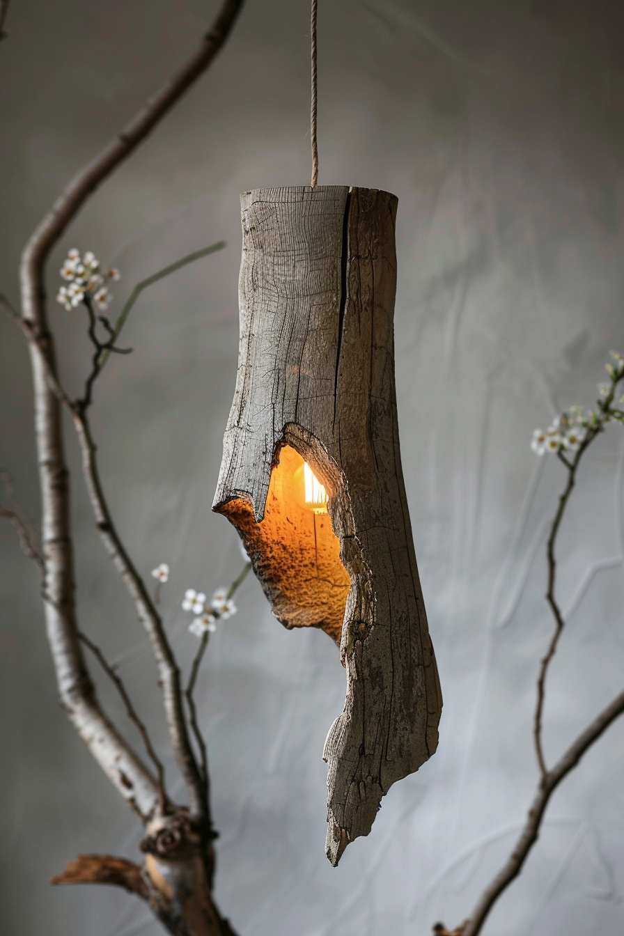 A rustic wooden pendant light with an illuminated interior hanging from a cable, set against a gray background with branch details.