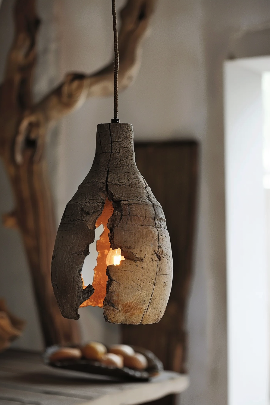 A rustic pendant light made from a cracked wooden piece, with a warm glow shining through the splits, hanging by a twisted cord.