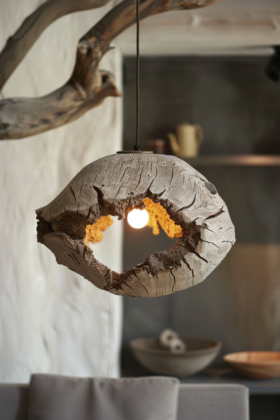 A unique, circular pendant light with a rough texture and a hollow center, hanging from a cable in a cozy interior.