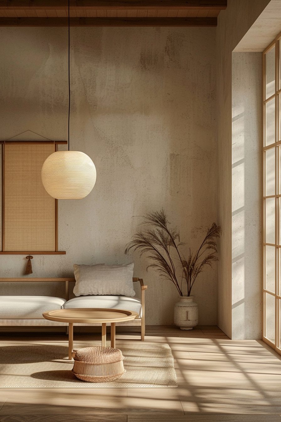 ALT: A serene Japanese-inspired living room with tatami mats, a wooden bench with cushions, a round table, a paper lantern, and a potted plant.
