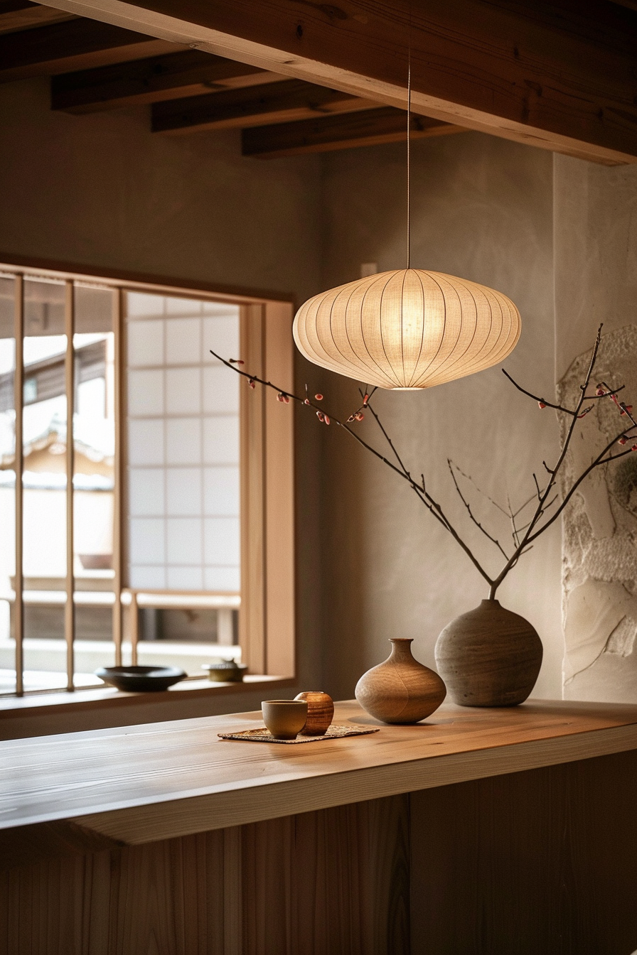 Cozy interior with a warm lantern hanging above a wooden counter, decorative vases, and branches with blossoms near a shoji screen window.