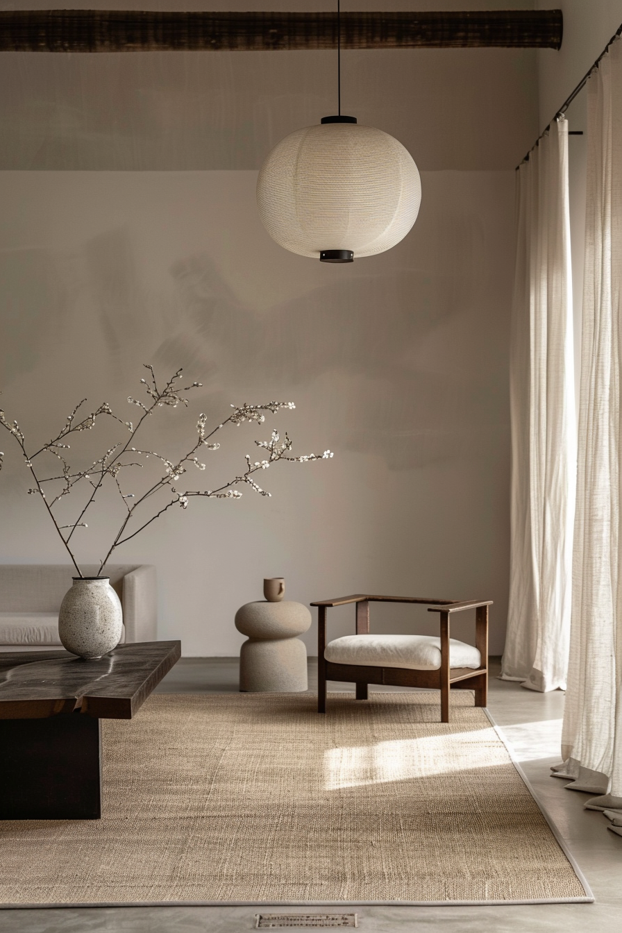 A minimalist living space with a spherical pendant lamp, beige sofa, wooden chair, textured rug, and a vase with branches.