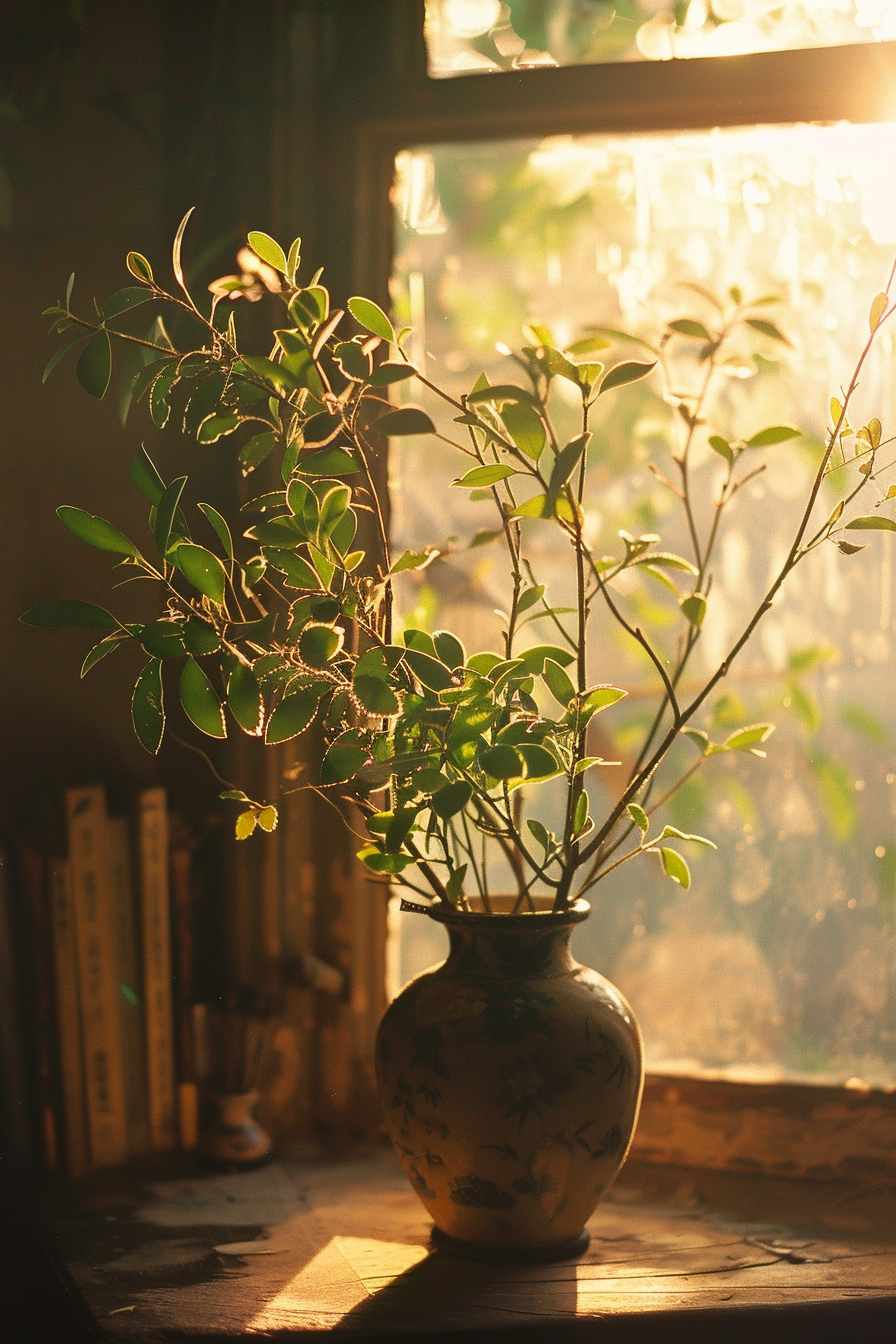 A warm sunlight-filled room with a vase of green plants on a table near a window, with a backdrop of books and a hazy view outdoors.