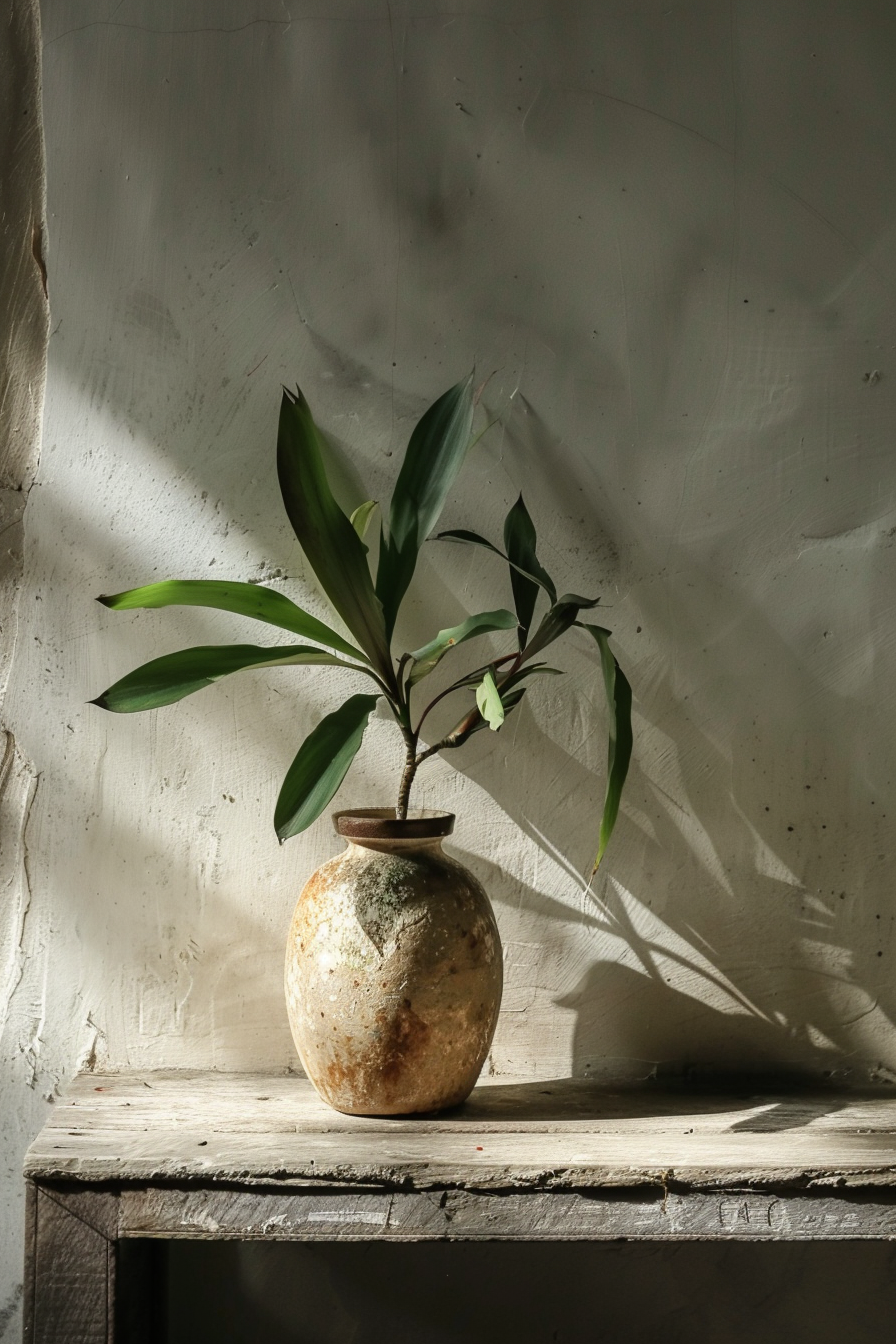 "Green plant with elongated leaves in a rustic pottery vase on a wooden bench, casting a shadow on a textured wall."