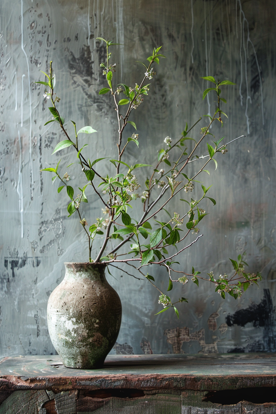 A rustic vase with sprouting branches on a weathered wooden surface against a textured backdrop with paint streaks.