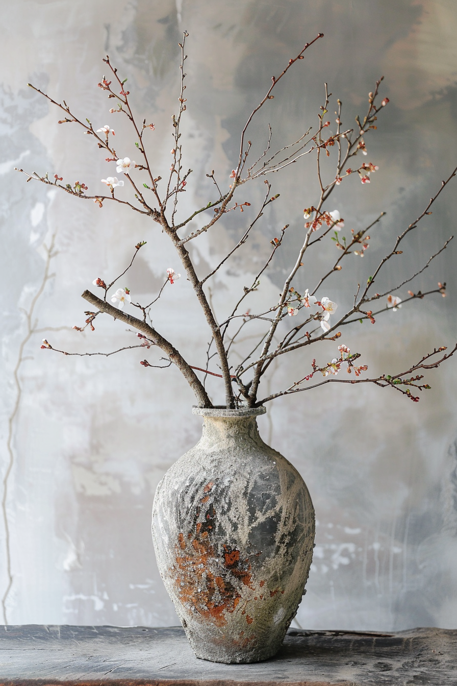 Cherry blossom branches in a rustic vase against a textured grey backdrop.