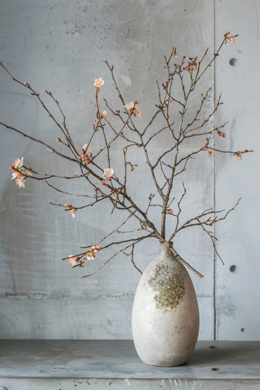 A vase with budding branches against a grey textured background, symbolizing the onset of spring.