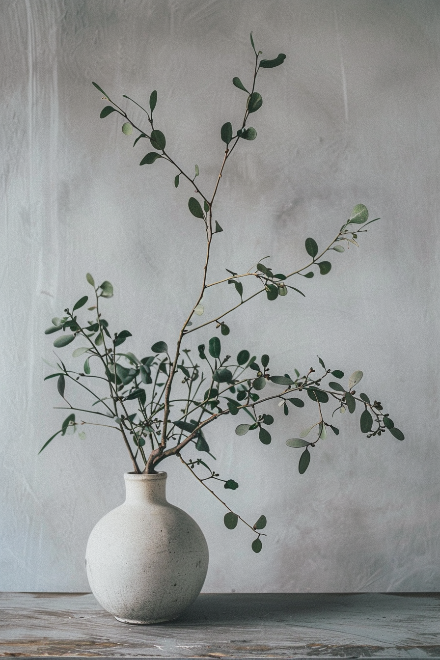 A simple white vase holding slender branches with small green leaves, sitting on a wooden table against a textured grey backdrop.