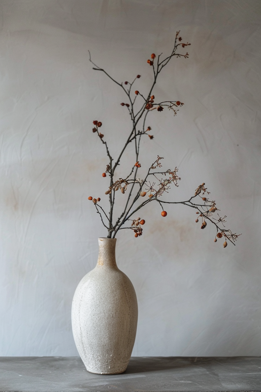 A textured white vase on a gray surface with bare twigs and small red berries against a neutral background.