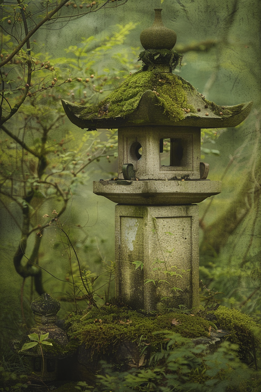 ALT: Moss-covered stone lantern in a misty, green forest suggesting a serene, ancient Japanese garden setting.