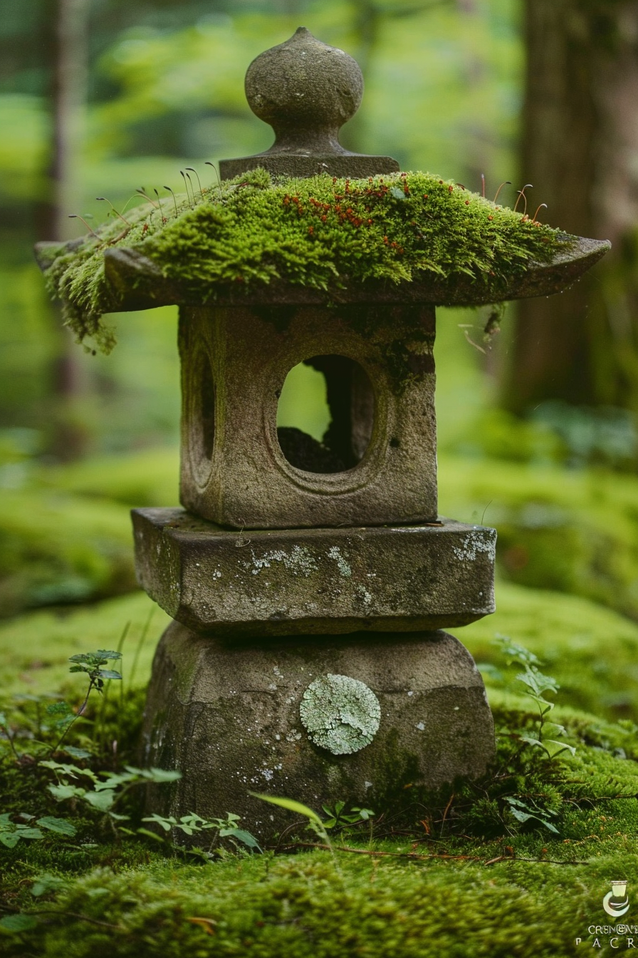 A moss-covered stone lantern in a lush green forest setting.