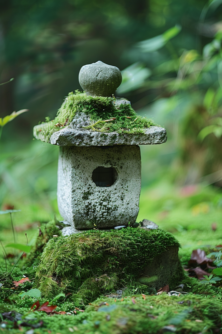 A moss-covered stone lantern in a tranquil forest setting, exhibiting a serene and mystical atmosphere.