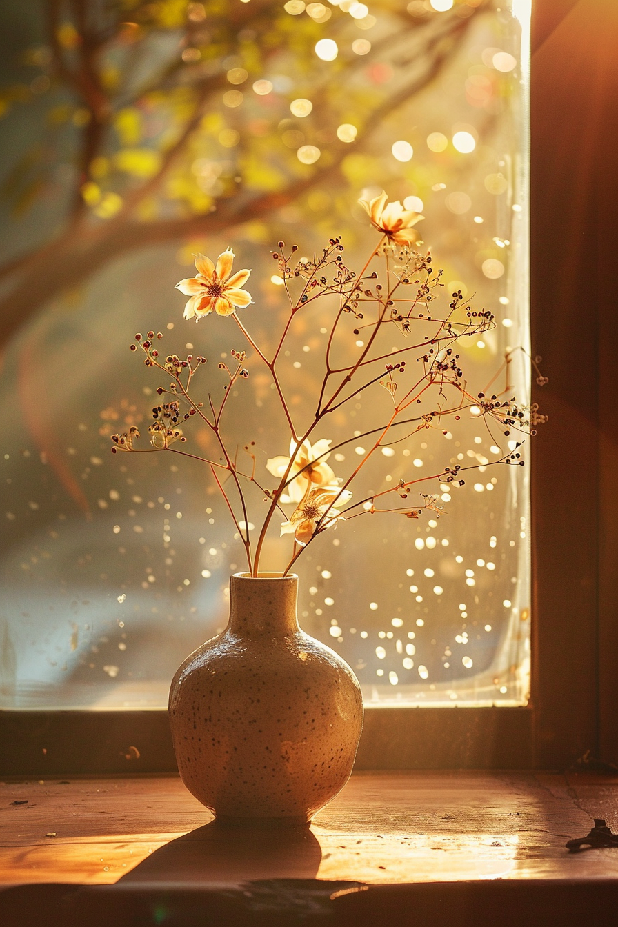 A ceramic vase with flowers basking in warm sunlight by a window with floating dust particles, creating a serene, golden ambiance.