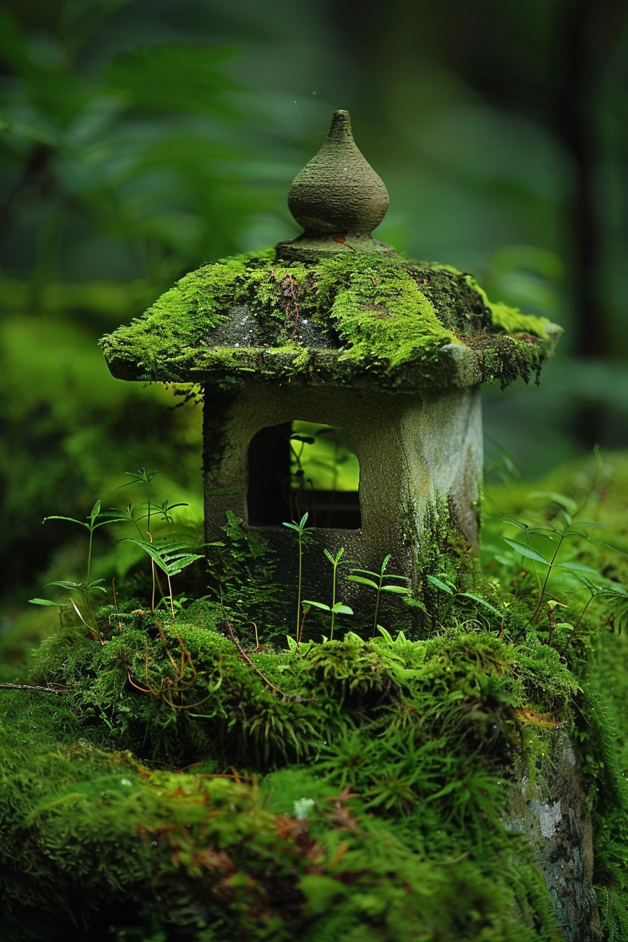 ALT: An old, moss-covered lantern amidst lush greenery, evoking a serene, mystical forest atmosphere.