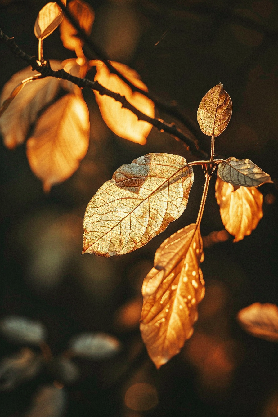 Translucent leaves on a branch, backlit by warm sunlight, highlighting their intricate vein patterns.