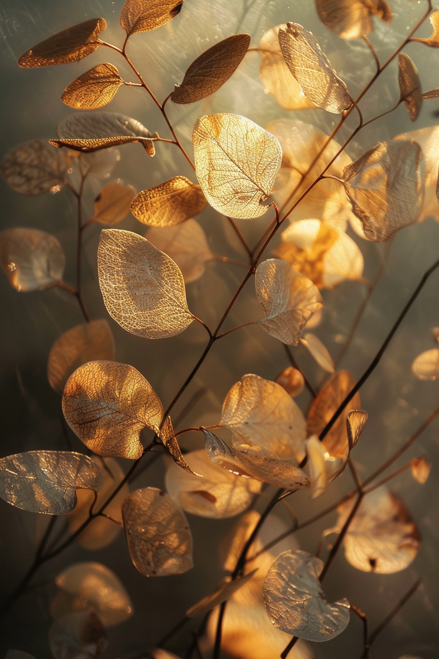 Backlit translucent leaves with a golden glow, highlighting their intricate vein structures.