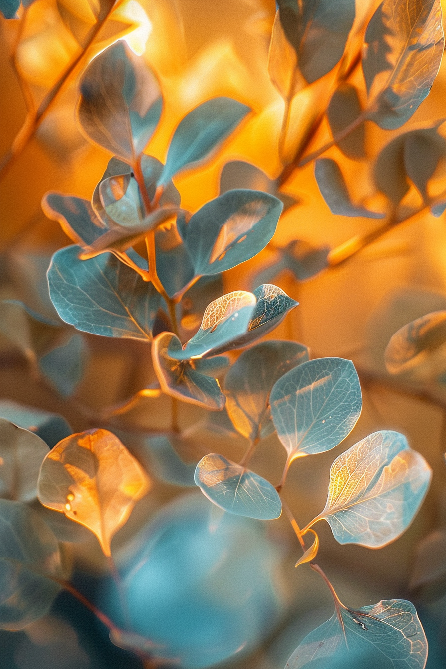 Leaves basking in warm golden light, highlighting their delicate veins and textures.