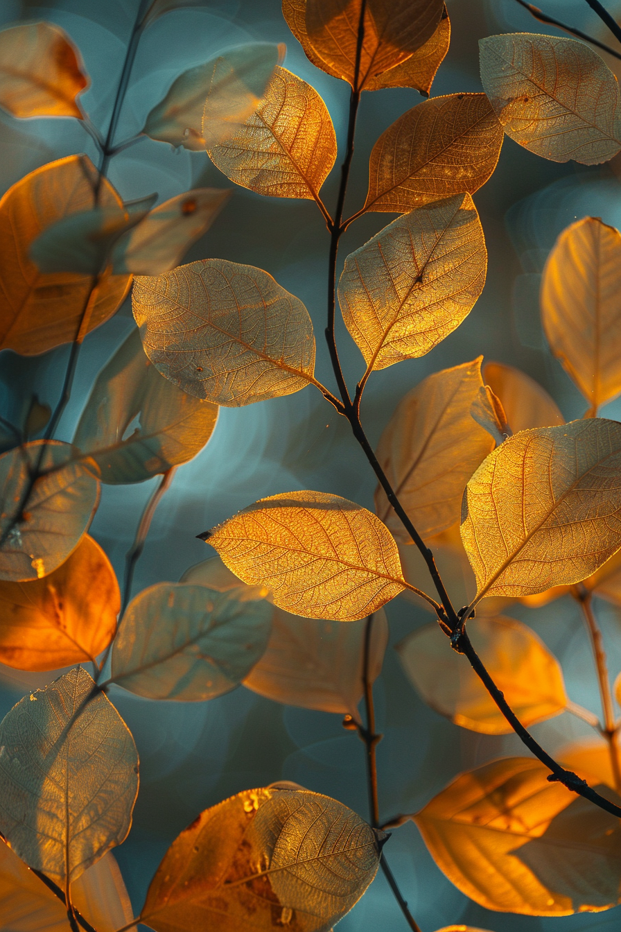 ALT: Backlit golden leaves on thin branches, with a soft blue background, highlighting the intricate vein patterns of the foliage.