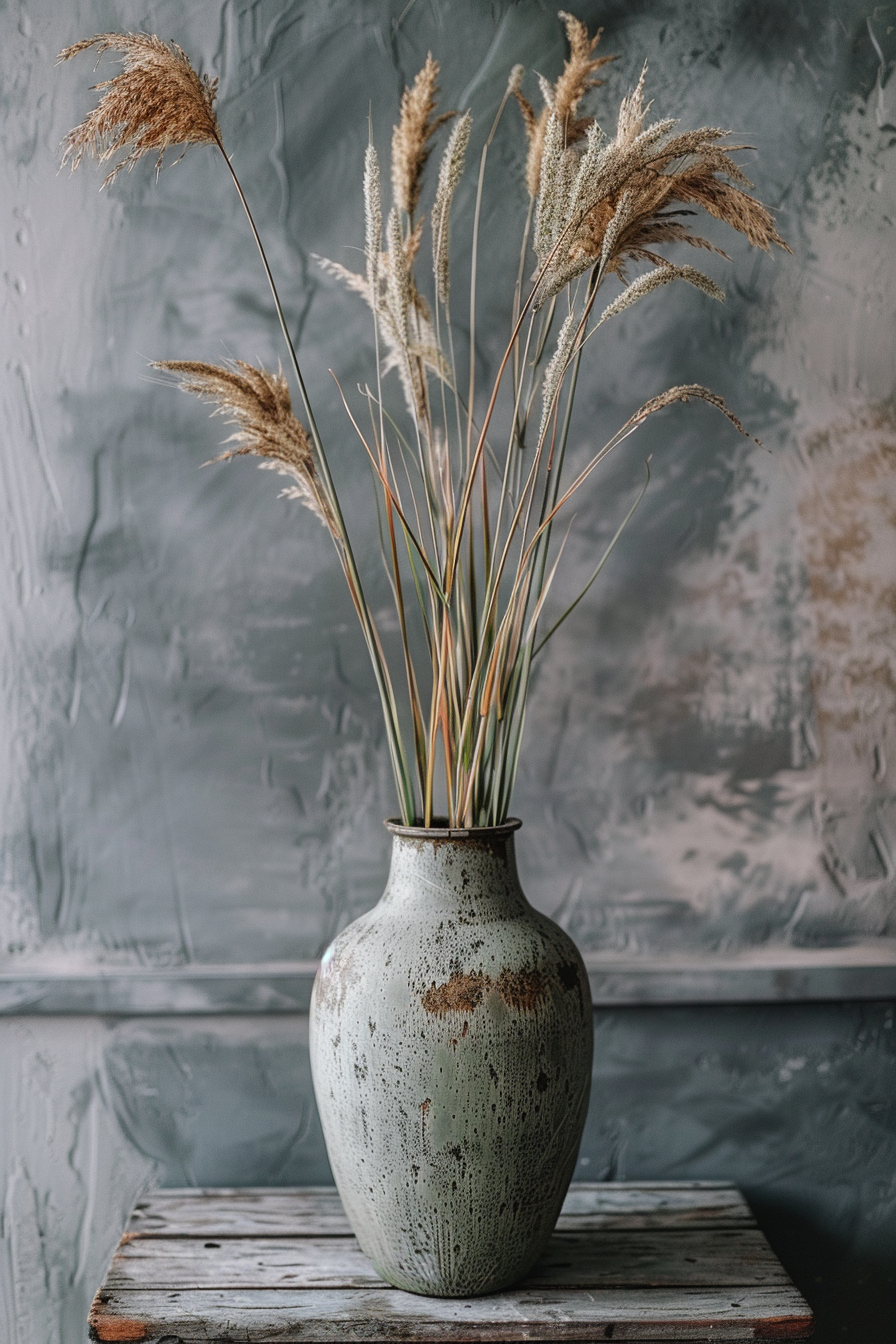 A rustic ceramic vase with tall pampas grass on a wooden table against a textured grey wall.
