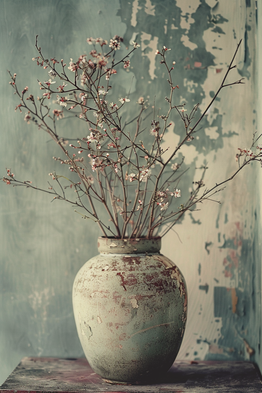 ALT: A rustic vase with delicate pink blossoms on a weathered wooden table against a distressed teal wall.