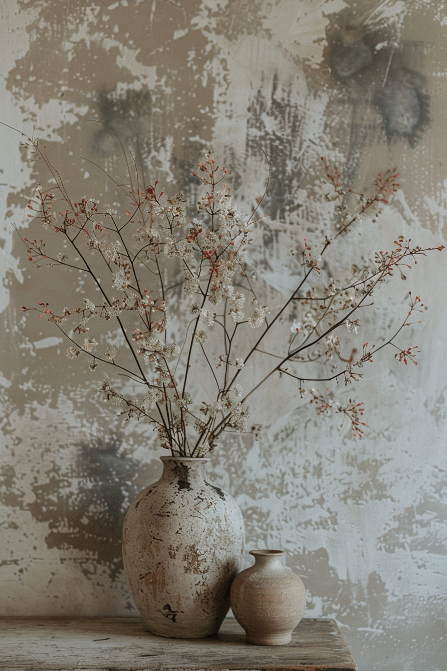 A rustic ceramic vase with dried branches bearing small flowers, next to a smaller vase, on a wooden table against a distressed wall.