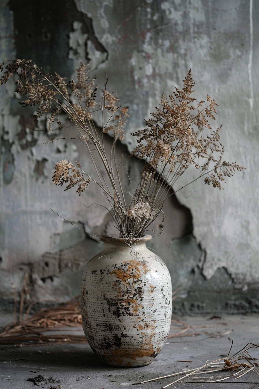 ALT: A weathered vase with dried plants sits against a peeling, gray wall, suggesting a sense of abandonment and decay.