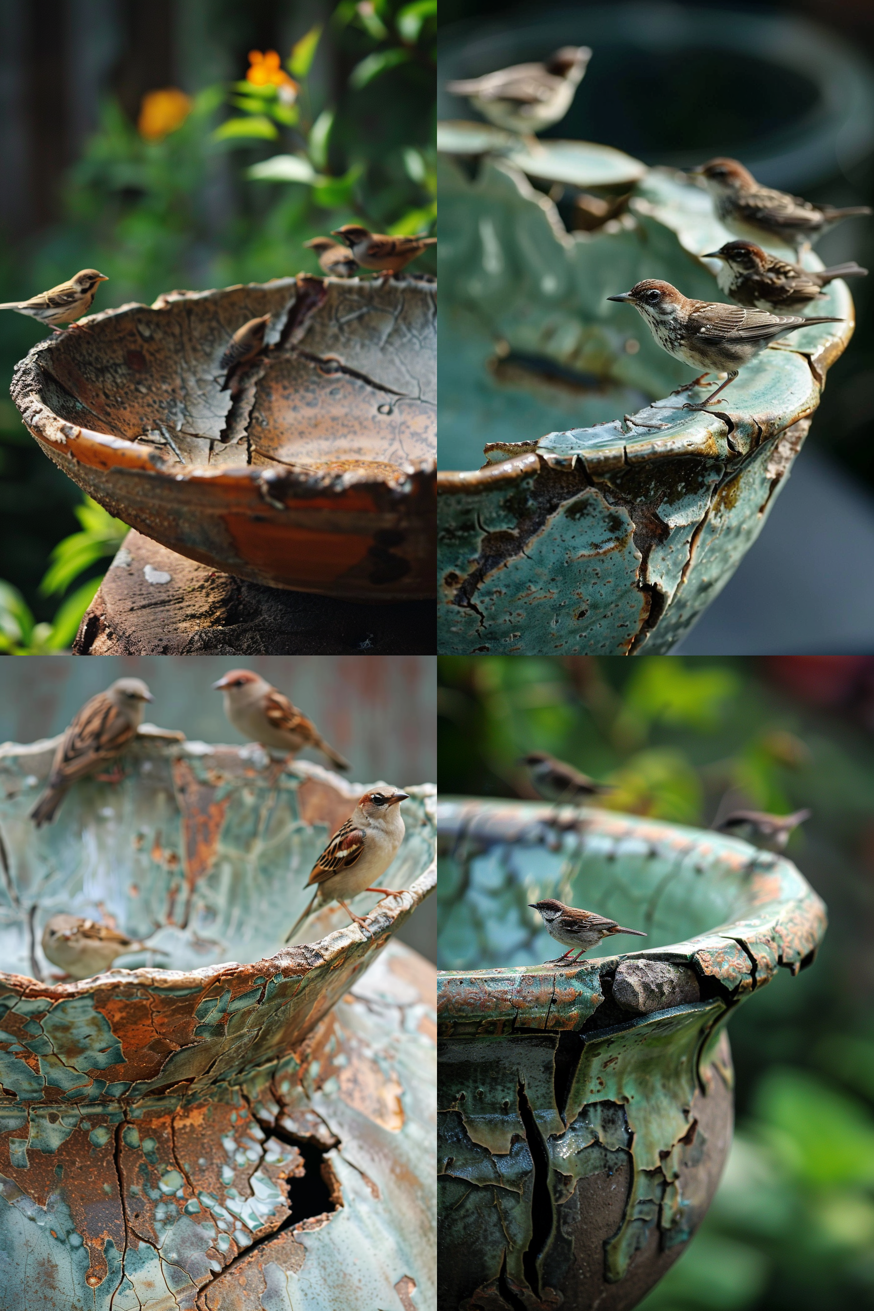 Four composite images showing sparrows perched on edges of a weathered, cracked ceramic bird bath.