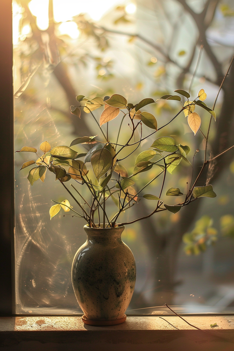 A ceramic vase with leaves on a windowsill, bathed in warm sunlight and framed by shadows of tree branches.