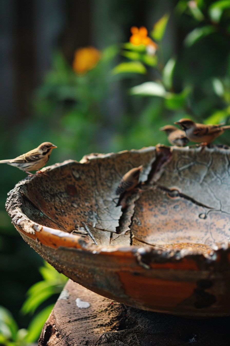 Sparrows perched on and around a rustic, water-filled bird bath with blurred green foliage and orange flowers in the background.