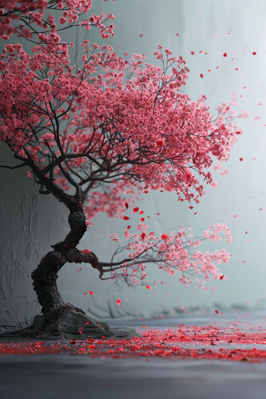Digital art of a bent cherry blossom tree shedding vibrant pink petals on a grey background.