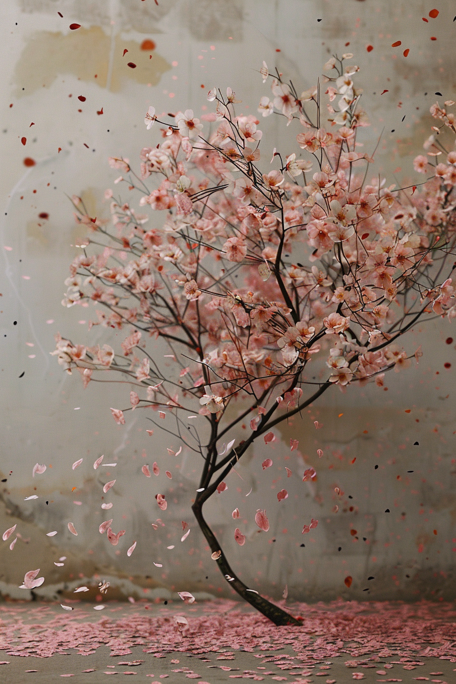 Cherry blossom branch with fallen petals on the ground, against a muted backdrop with splashes of paint.