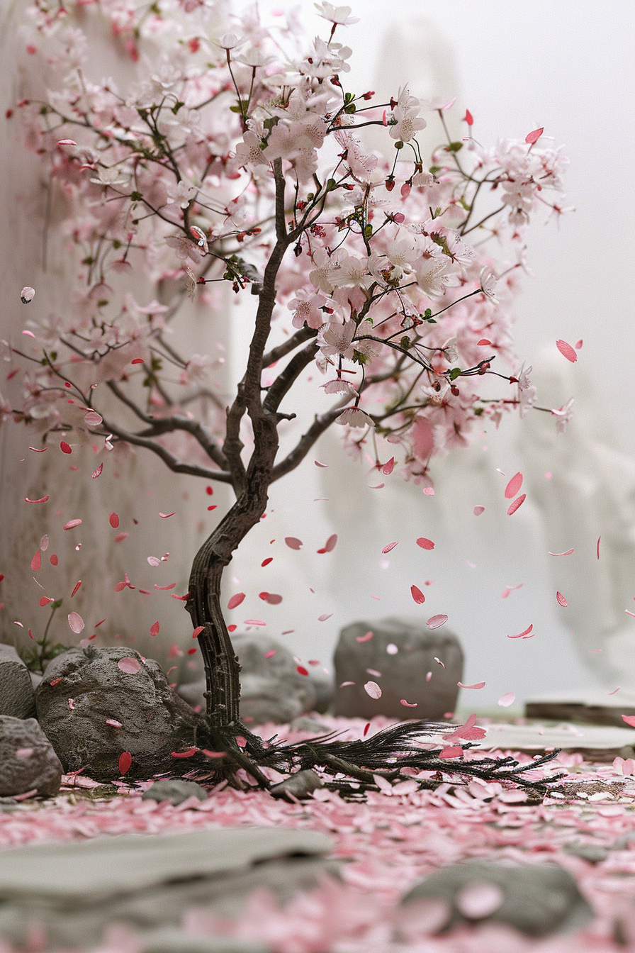ALT: A cherry blossom tree shedding its pink petals among rocks, with petals scattered on the ground, conveying a serene and peaceful scene.