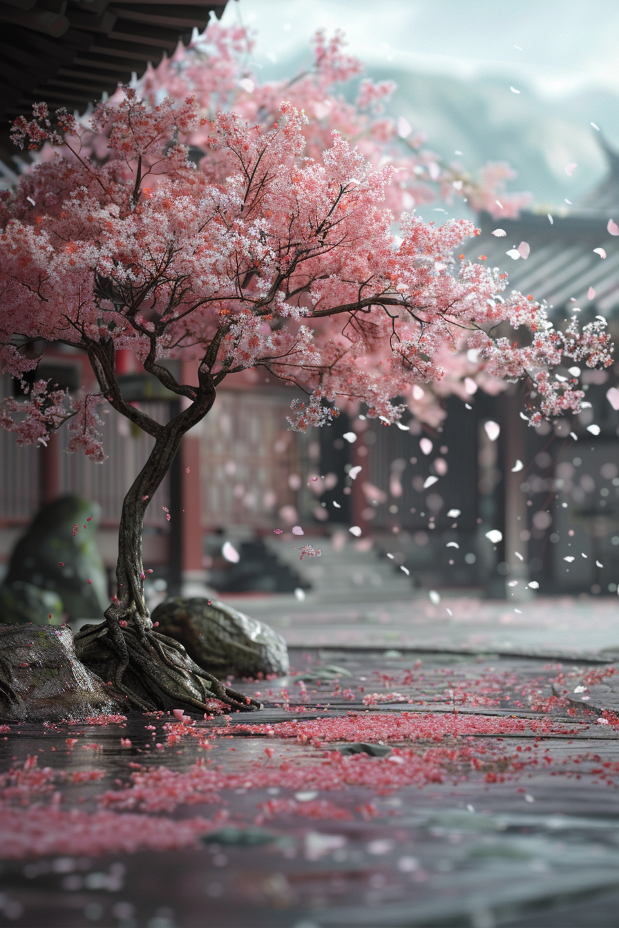 Cherry blossom tree in full bloom by a traditional building, with petals gently falling onto a stone-paved ground.