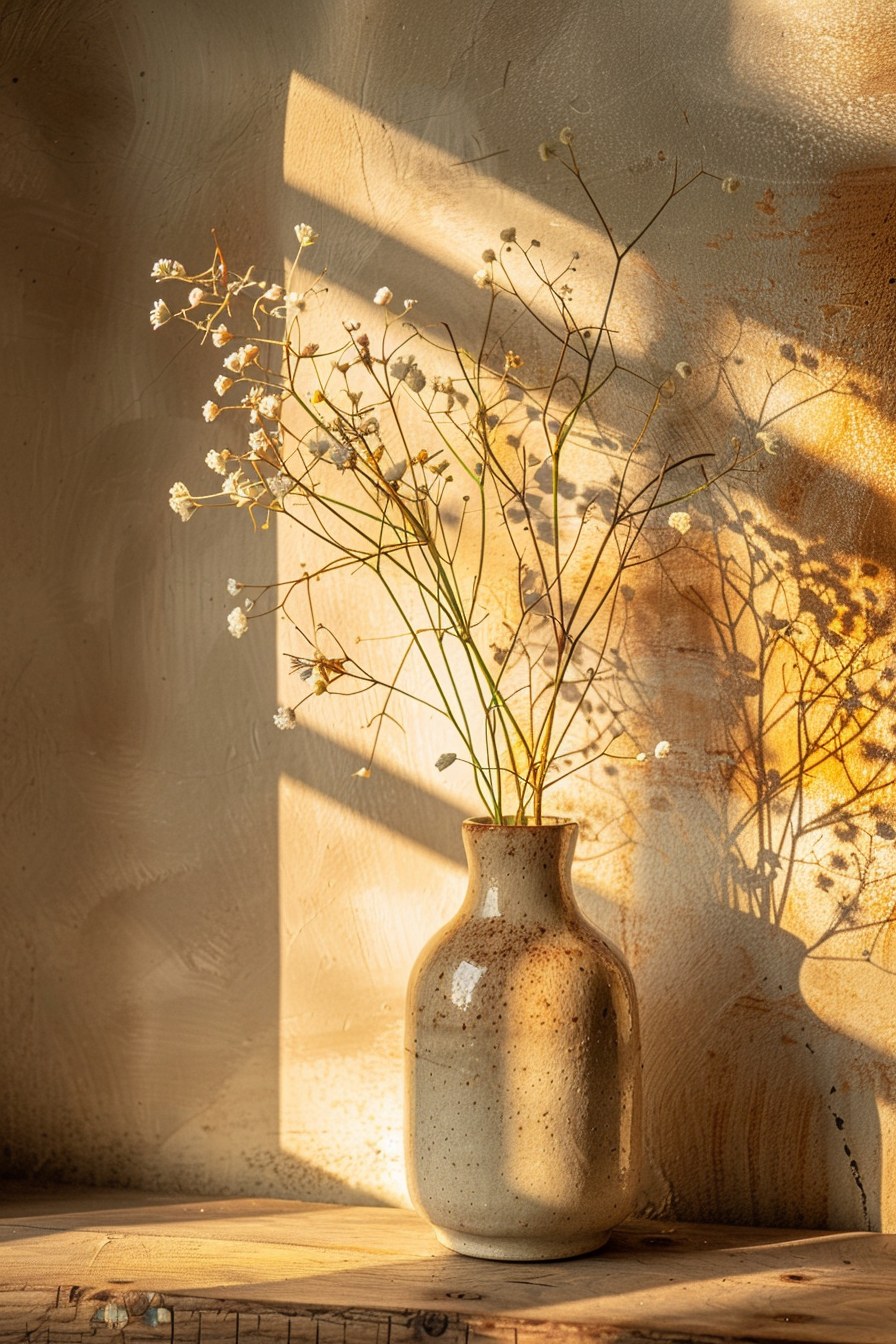 Vase with dried flowers bathed in warm sunlight casting intricate shadows on a textured wall.