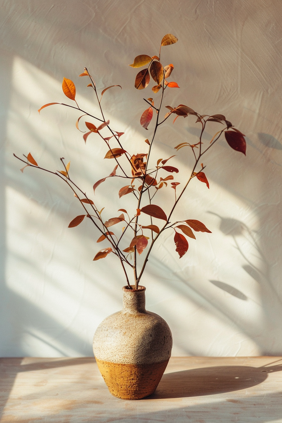 A rustic two-tone vase with autumn leaves on a surface illuminated by sunlight casting soft shadows on a wall.