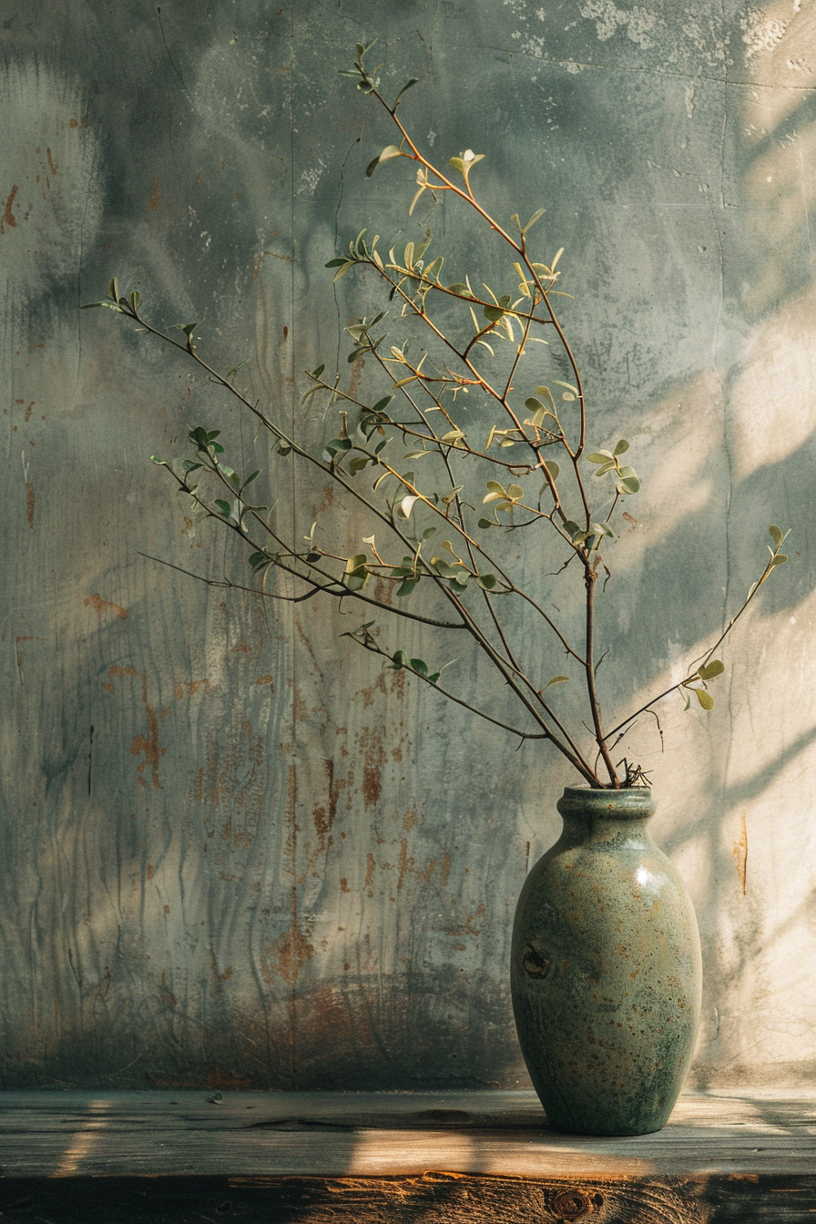 A ceramic vase with delicate branches on a rustic wooden table against a textured wall with sunlight casting shadows.