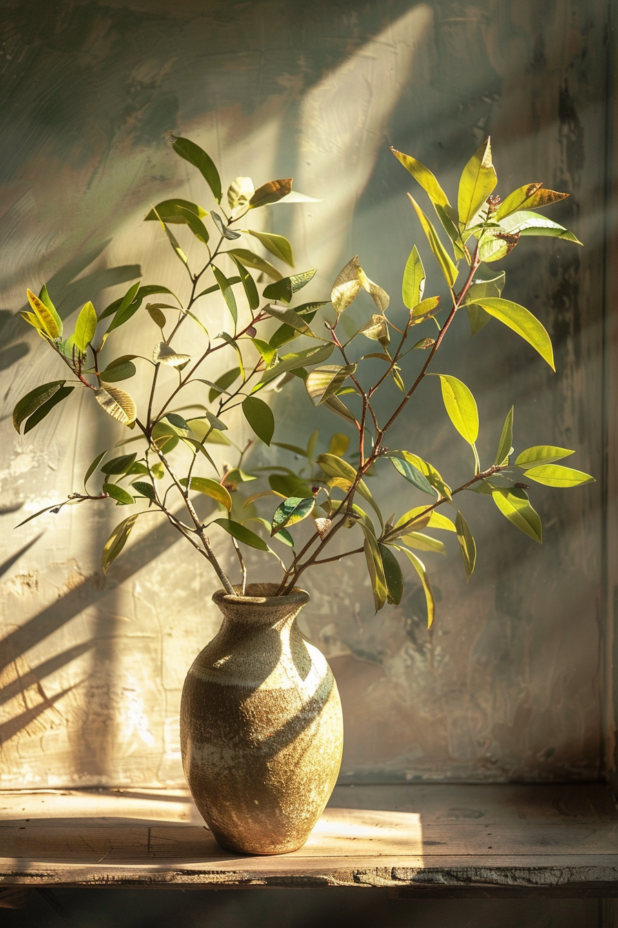 A ceramic vase with fresh green leaves on a wooden surface, bathed in warm sunlight filtering through a glass window.