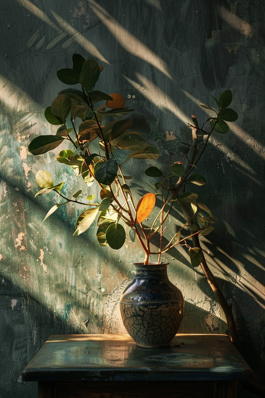 Potted plant on a wooden table illuminated by sunlight casting shadows with a textured wall in the background.