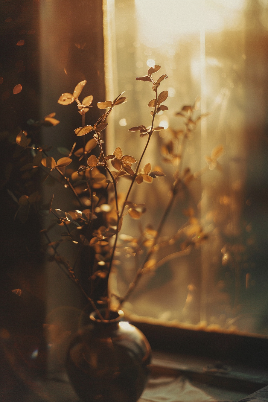 A plant with delicate leaves in a vase, bathed in warm golden sunlight near a window with soft bokeh effect.