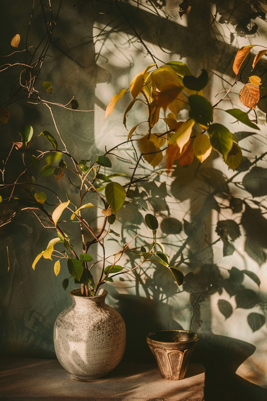 A serene still life of a vase with autumn leaves and a cup on a tabletop, bathed in dappled sunlight casting leafy shadows.