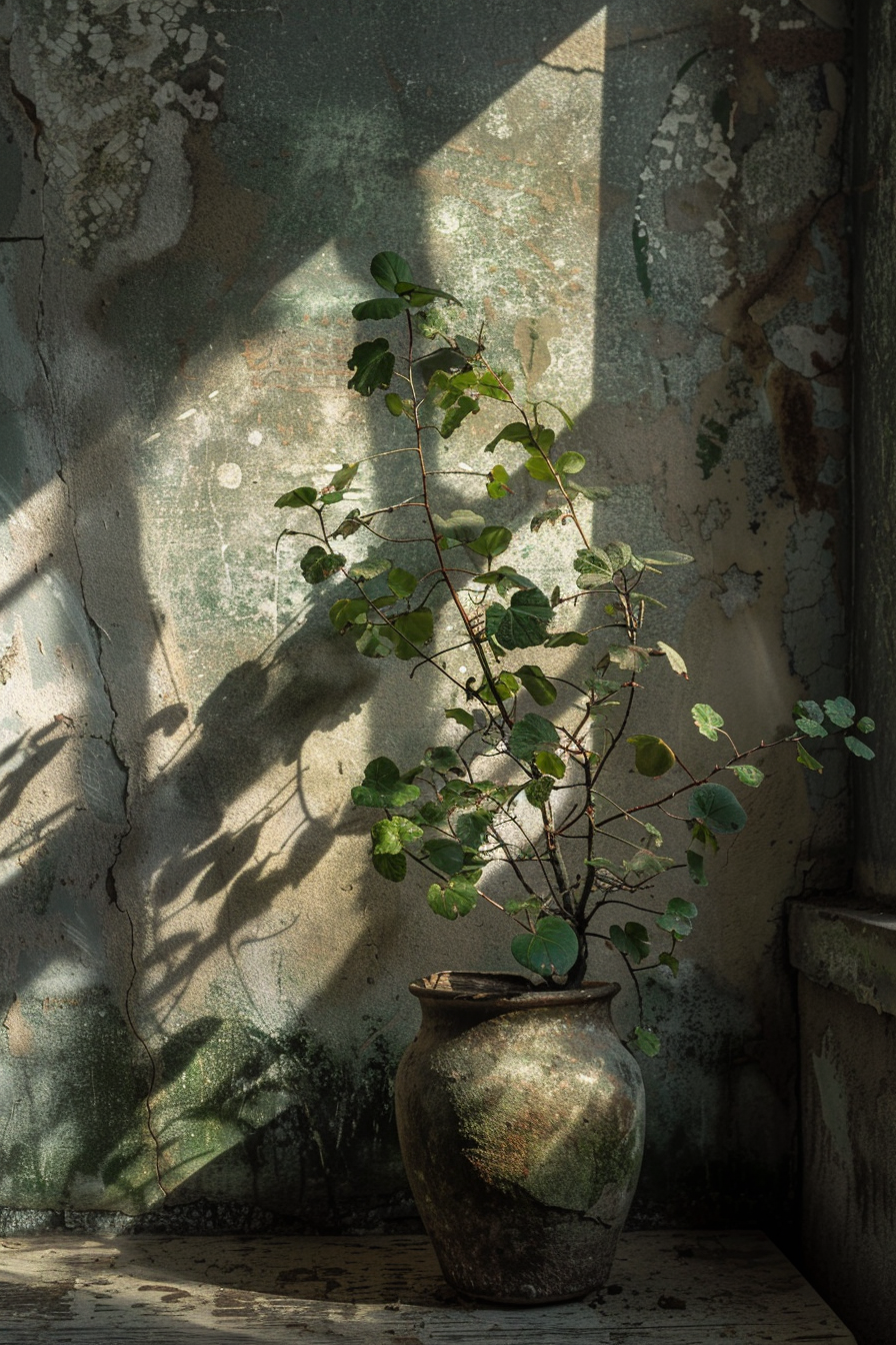 ALT: A small tree grows in an aged pottery vase amidst a backdrop of peeling paint and shadow play on a weathered wall.