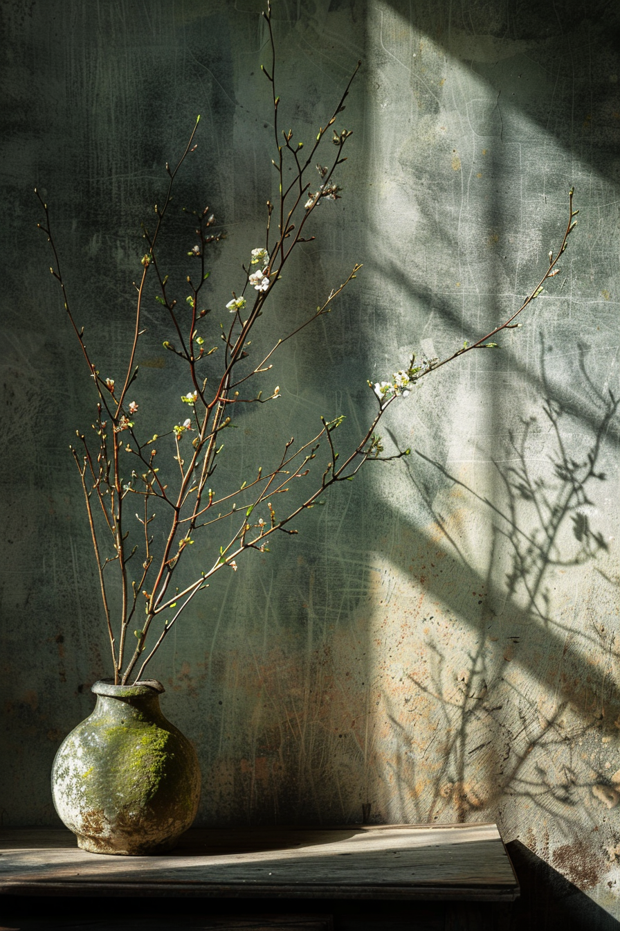 Alt text: A rustic vase with budding branches on a wooden surface against a textured wall, with shadows and sunlight creating a serene ambiance.