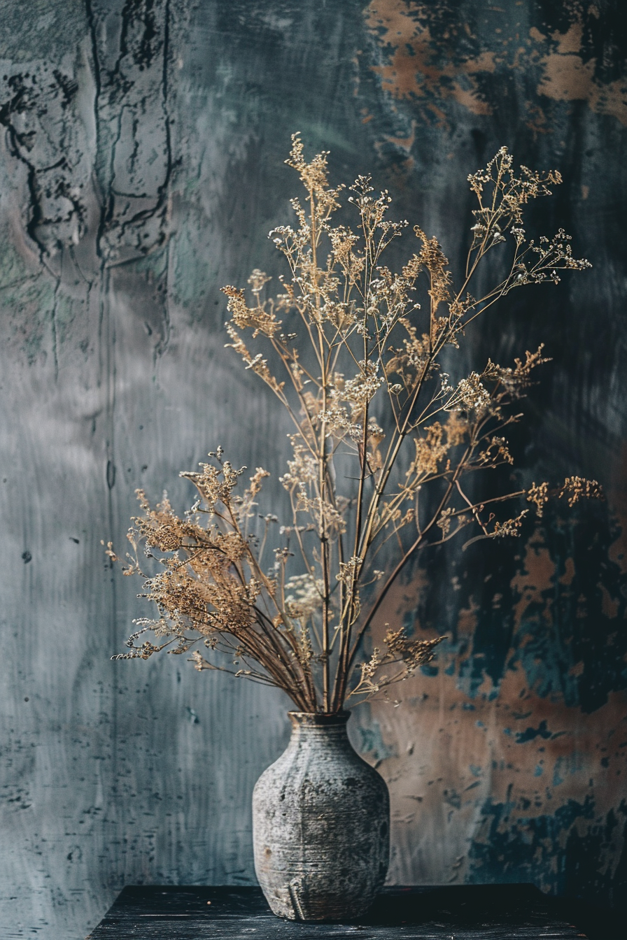 A rustic vase with dried flowers against a textured dark background with blue and rust accents.