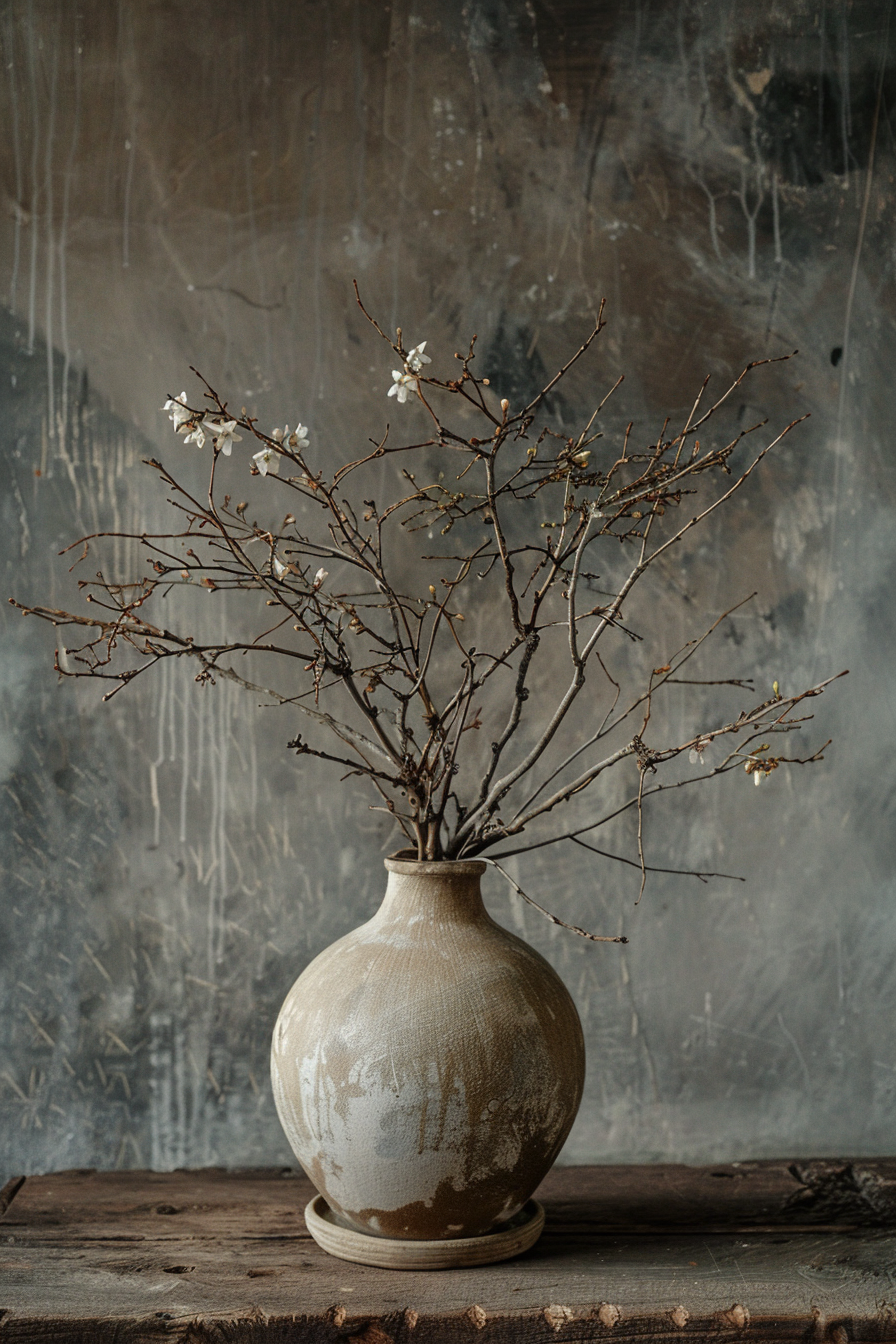 A rustic ceramic vase on a wooden surface with sparse branches bearing a few white blossoms, against a textured grey backdrop.