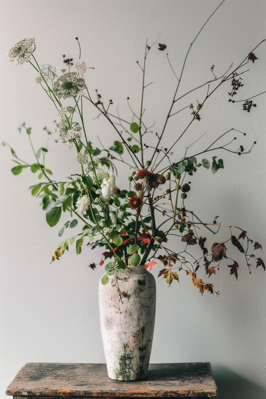A rustic ceramic vase with an assortment of wildflowers and leaves on a weathered wooden bench against a plain background.